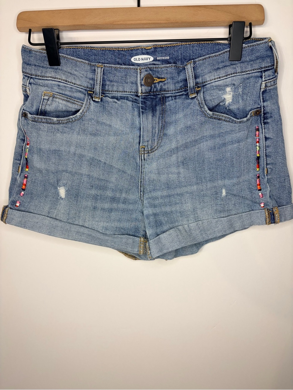 Old Navy Women’s Stretch Boyfriend Jean Shorts with Colorful Stitching, Size 2 - Picture 1 of 6